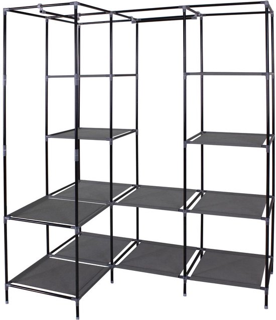 HK1Z Opvouwbare Kledingkast - B126 x D40 x H170 cm - 9 Legplanken - Stalen Frame - 90KG Draagkracht - Stoffen Garderobekast - Legkast Hoekmodel - Kampeerkast - Zwart — afbeelding 5