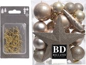 33x boules de Noël en plastique 5, 6 et 8 cm champagne perlé avec visière étoile et crochets pour Décorations de Noël - Incassable
