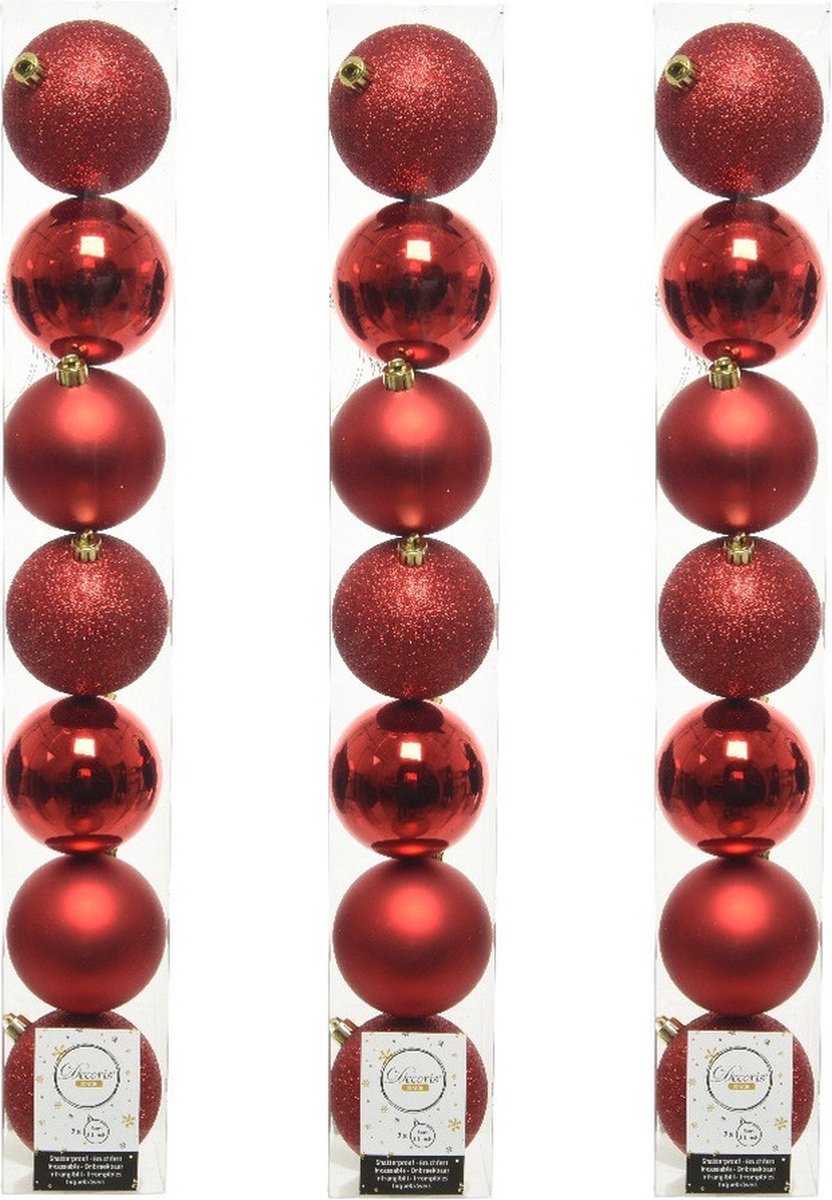 Decoris 21x kunststof kerstballen rood - 8 cm - glans mat glitter - onbreekbaar - mix - kerstversiering