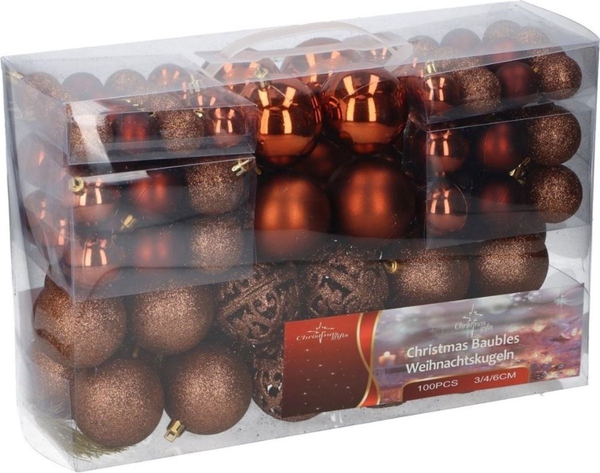 3x pakket met 100x bruine kunststof kerstballen 3, 4, 6 cm - Kerstboomversiering/kerstversiering bruine kerstballen