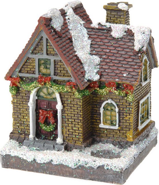 Verlicht kersthuisje - gele bakstenen - polystone - 13 cm - kleur veranderende lichtjes - kerstdorp - kerstversiering