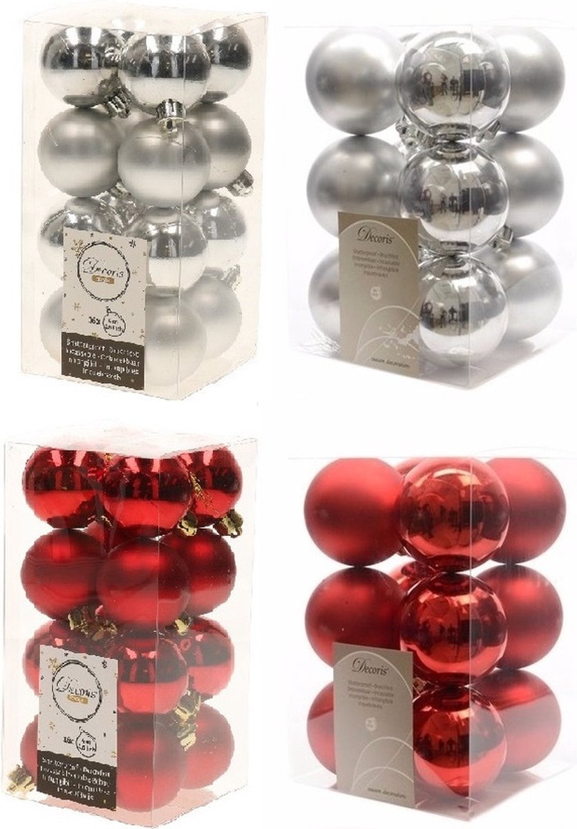 Kerstversiering kunststof kerstballen kleuren mix rood/ zilver 4 en 6 cm pakket van 80x stuks