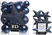 Kerstversiering kunststof kerstballen en hangers donkerblauw 5-6-8 cm pakket van 39x stuks - Met ster vorm piek van 19 cm