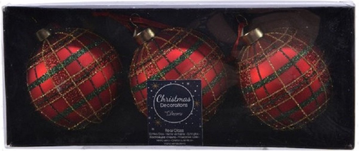 Decoris Kerstbal - rood - 6x stuks - ruit en glitters - glas - 8cm - luxe - gedecoreerd - kerstversiering van glas