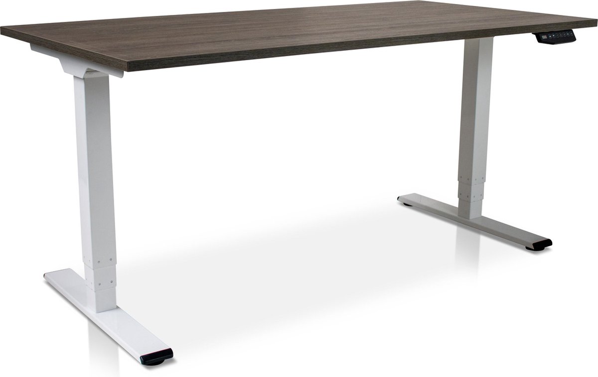 Zit-sta bureau elektrisch verstelbaar - MRC COMFORT NEN-EN 527 | 180 x 80 cm | frame wit - blad bruin eiken | 130 cm hoog | 100KG draagvermogen