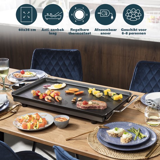 Princess Bakplaat 102325 - Table Chef Classic - Grillplaat - Gourmet - 60x36 cm - 2500W - 2 meter snoer - Regelbare thermostaat - Voor 10 personen - Teppanyaki - voor binnen en buiten — afbeelding 4