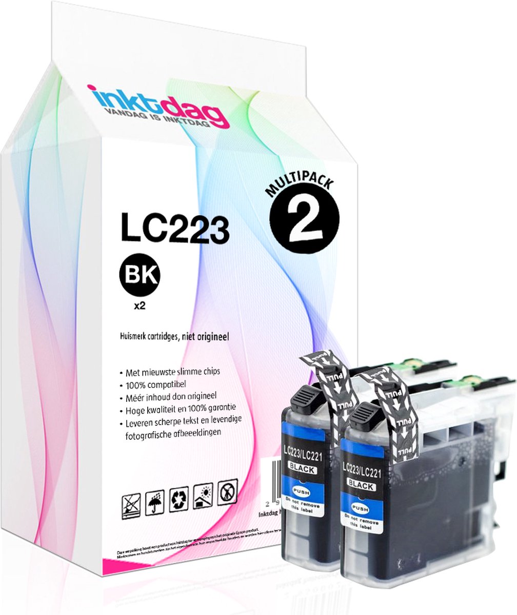 Inktdag inktcartridge voor Brother LC223BK multipack van 2 stuks (2*LC223 zwart) geschikt voor printers Brother DCP-J4120 DW , DCP-J562 DW Brother MFC-J4420 DW , MFC-J4620 DW , MFC-J480 DW, MFC-J485 DW ,MFC-J5320 DW, MFC-J5620