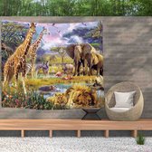 Ulticool - Safari Dieren Natuur Giraffe Olifant - Wandkleed Poster - 200x150 cm - Groot wandtapijt - Tuinposter Tapestry - Schilderij Decoratie Tuin Versiering Accessoire voor zowel buiten als Muurdecoratie in woonkamer