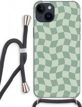 Case Company® - Hoesje met koord geschikt voor iPhone 14 Plus hoesje met Koord - Grid Groen - Telefoonhoesje met Zwart Koord - Extra Bescherming aan alle Kanten en Over de Schermrand