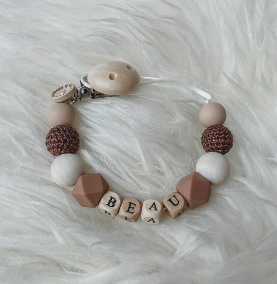 Babybeads - Speenkoord met naam - Bruine tinten naturel - Kraamcadeau