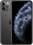Spacegrijze iPhone 11 Pro, met de voor- en achterkant zichtbaar. Scherm toont donkere nevel.
