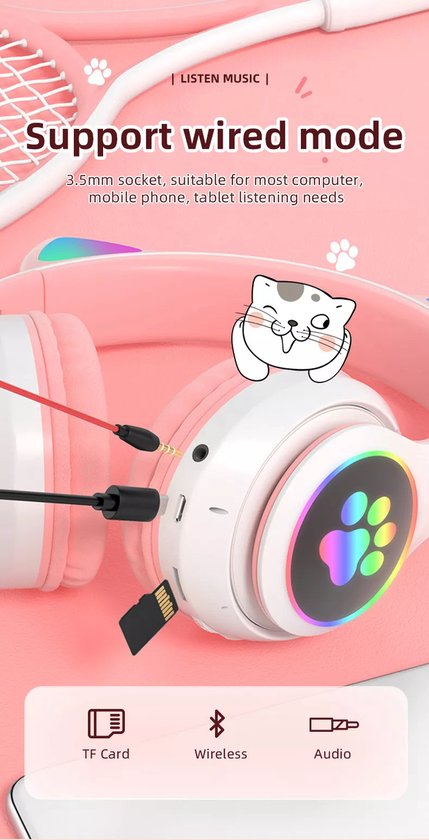 Casque Kinder - casque chat rose | Casque Bluetooth sans fil avec oreilles  de chat LED... | bol.com