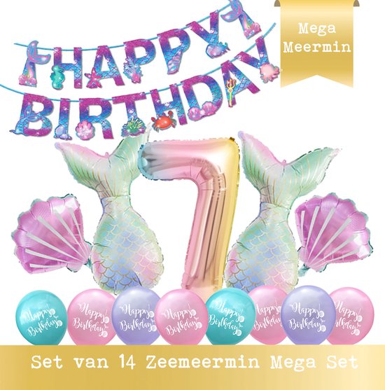Snoes - Cijfer Folie Ballon - 7 Jaar Ballon - Zeemeermin Mermaid Mega pakket inclusief Slinger - Verjaardag - Meisje - Birthday Girl - Happy Birthday - Verjaardag 7 Jaar