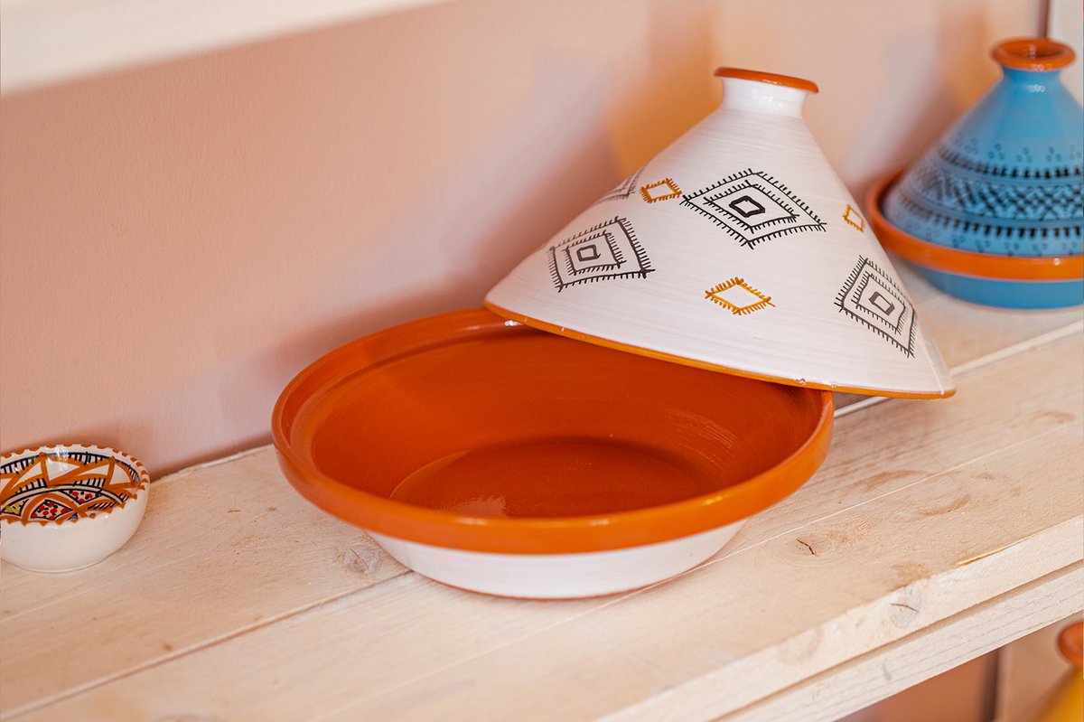 Unieke Handgemaakte Marokkaanse Kook Tajine (Geglazuurd) Berber Wit