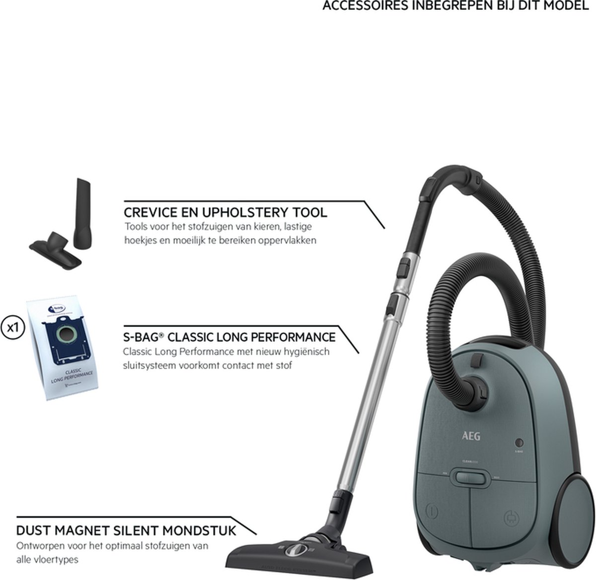 AEG AB61C1OG Clean 6000 - Stofzuiger met zak - Ocean Green - Hepa filtratie - Vacuum cleaner - Alle vloertypen - 650 watt - Lang snoer 12m bereik - 2 extra accessoires - Compact design — afbeelding 2
