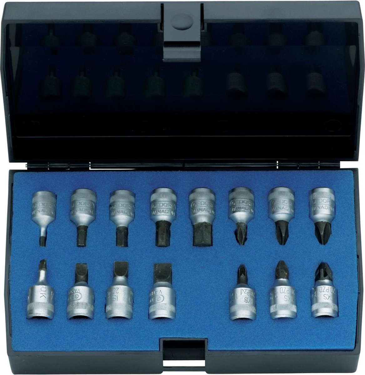 Gedore 1815601 Inbus Plat Kruiskop Phillips Kruiskop Pozidriv Dopsleutel-Bitinzetset 15-Delig 1/4 (6.3 Mm)