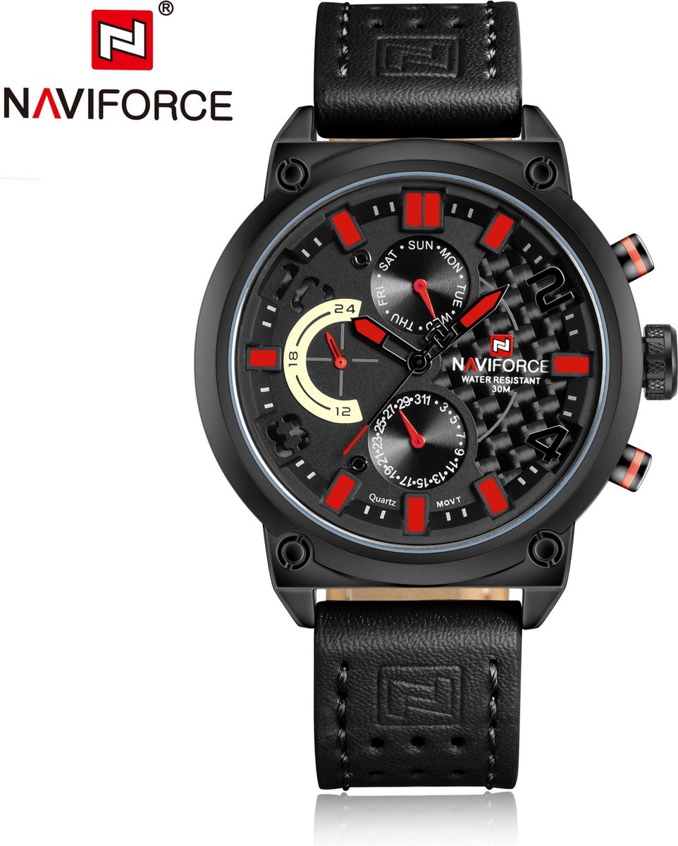 NAVIFORCE horloge voor mannen, met zwarte lederen polsband, zwarte uurwerkkast en rode wijzerplaat ( model 9068L BRB ), verpakt in mooie geschenkdoos