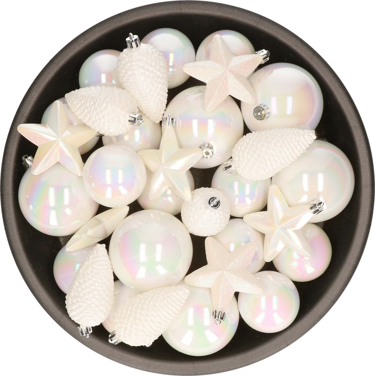 Kerstversiering kunststof kerstballen/hangers parelmoer wit 6-8-10 cm pakket van 62x stuks - Kerstboomversiering
