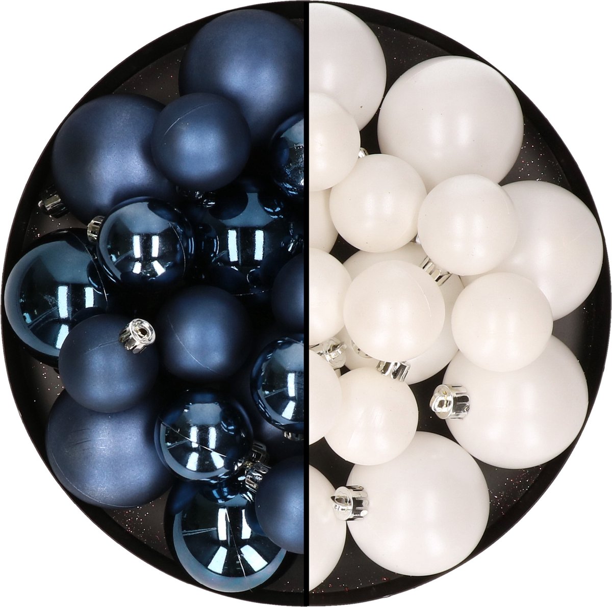 Decoris kerstballen mix kunststof - donkerblauw en winter wit - 6-8-10 cm - 44 stuks