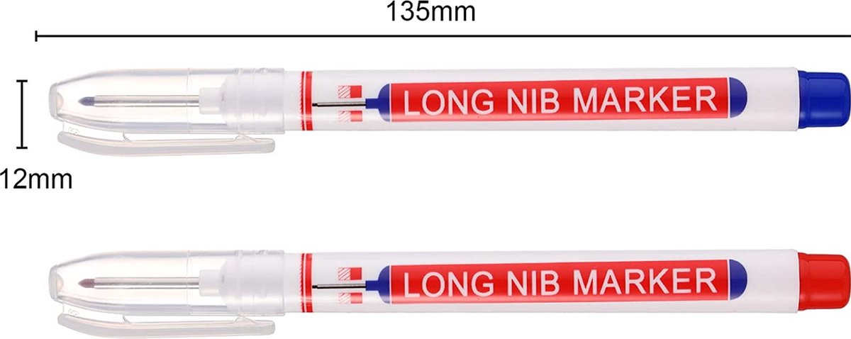 Diepgat marker | Rood-Blauw | Markeerstift | Diepe gaten pen | per 2 stuks | Afteken stift | Timmermanspotlood