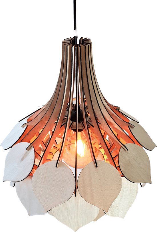 Olivios Design hanglamp scandinavische (kroonluchter) naturel hout handgemaakt in Nederland van 3.2mm dik multiplex. voor woonkamer keuken of slaapkamer. alleen voor binnen gebruiken