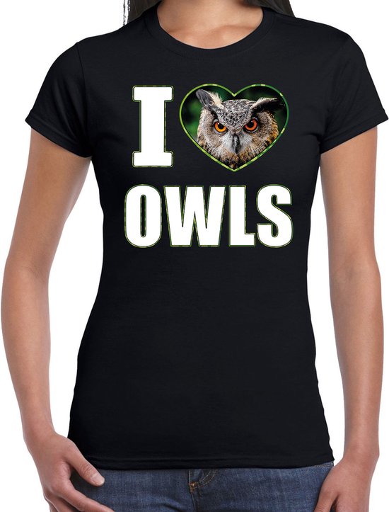 T-shirt J'aime les hiboux avec photo d'animaux d'un hibou noir pour femme - chemise cadeau Owl owls lover M