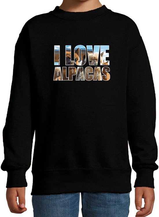 Tekst sweater I love alpacas met dieren foto van een alpaca zwart voor kinderen - cadeau trui alpacas liefhebber - kinderkleding / kleding 98/104