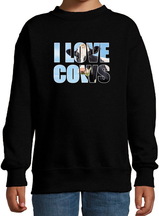 Tekst sweater I love cows met dieren foto van een koe zwart voor kinderen - cadeau trui koeien liefhebber - kinderkleding / kleding 122/128