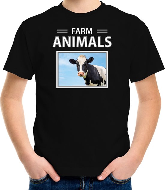 Dieren foto t-shirt Koe - zwart - kinderen - farm animals - cadeau shirt Koeien liefhebber