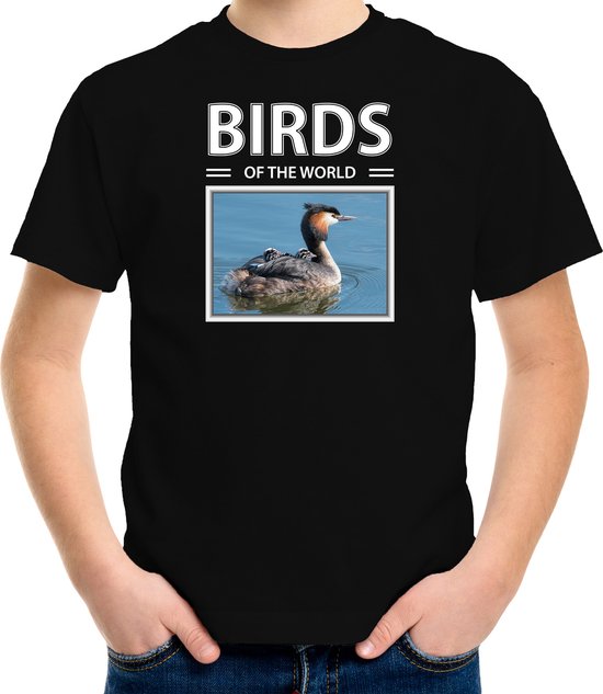 Dieren foto t-shirt Fuut vogel - zwart - kinderen - birds of the world - cadeau shirt vogel liefhebber - kinderkleding / kleding 146/152