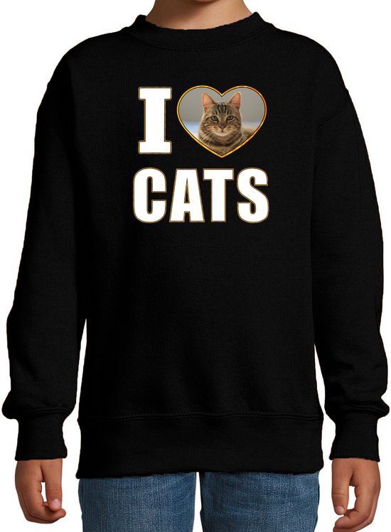 I love cats sweater met dieren foto van een bruine kat zwart voor kinderen - cadeau trui katten liefhebber - kinderkleding / kleding 170/176