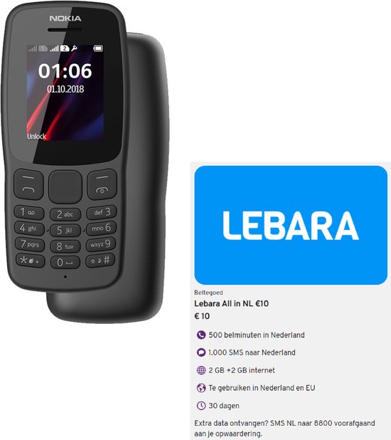 Nokia 106 incl LEBARA MOBILE Prepaid Startpakket ALL IN NL 5GB
