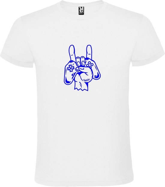 Wit T shirt met print van " Gamecontroller in Hand " print Blauw size XS