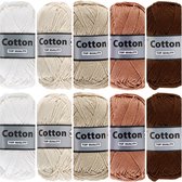 Cotton eight bruin beige katoengaren pakket - 10 bollen - pendikte 2,5 a 3mm