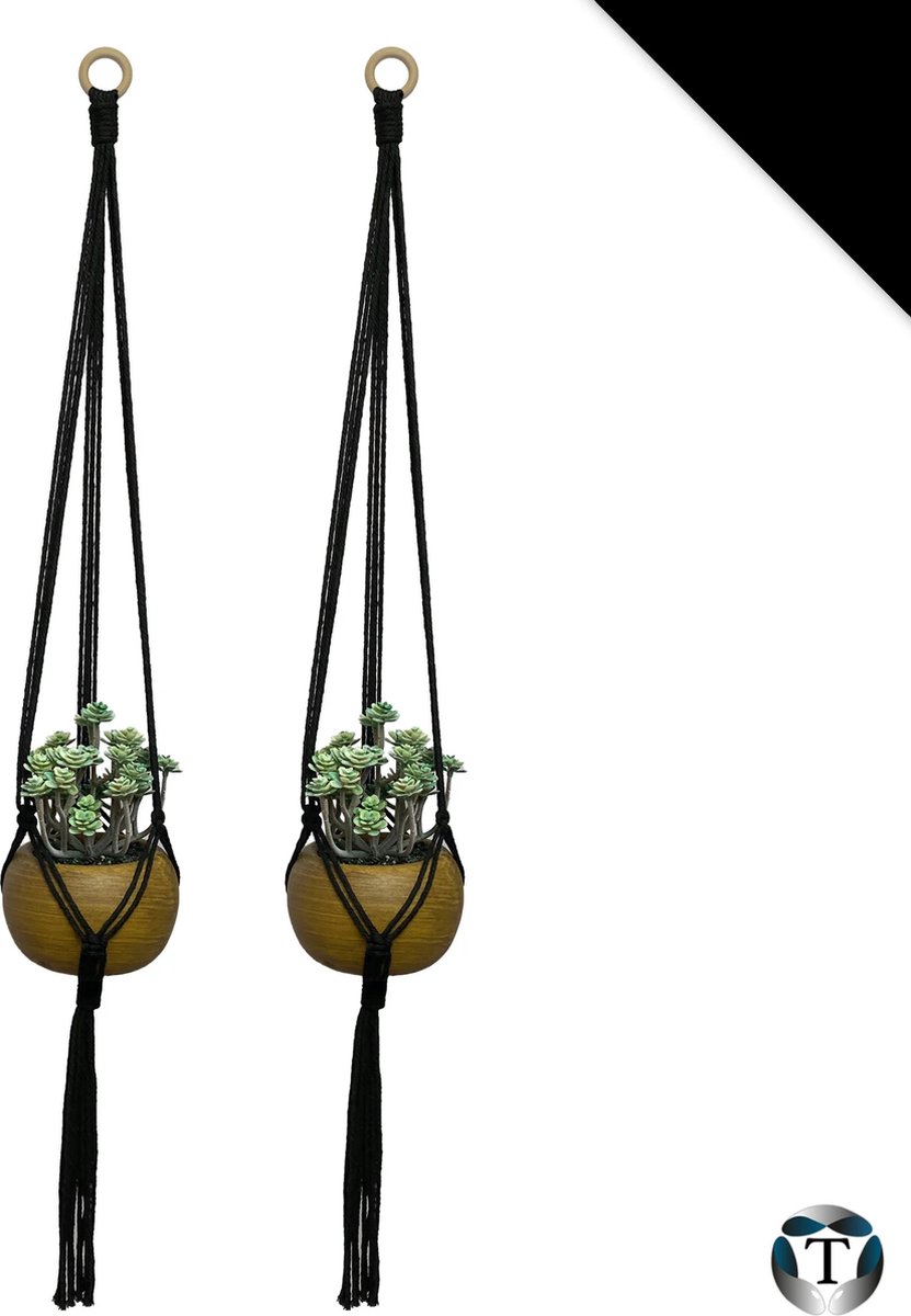 Luxe Plantenhangers | Zwart | Set van 2 stuks | 100% Katoen | 100% Handgemaakt | Houten Ring | Macramé | Plantenpot Ophangen | Binnen & Buiten | Planten | TheOldOmen |