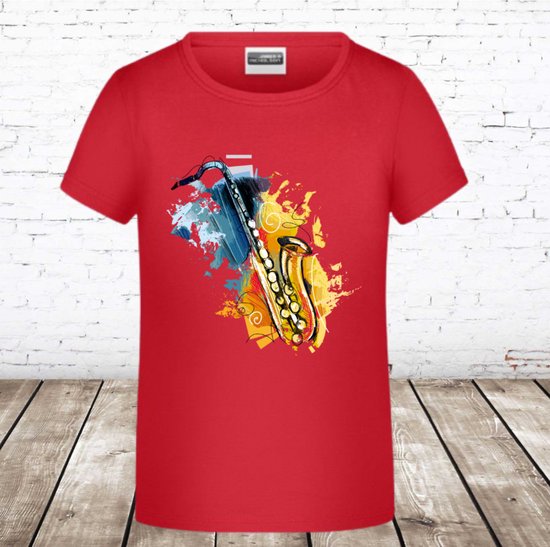 Rood shirt met saxofoon -James & Nicholson-146/152-t-shirts meisjes