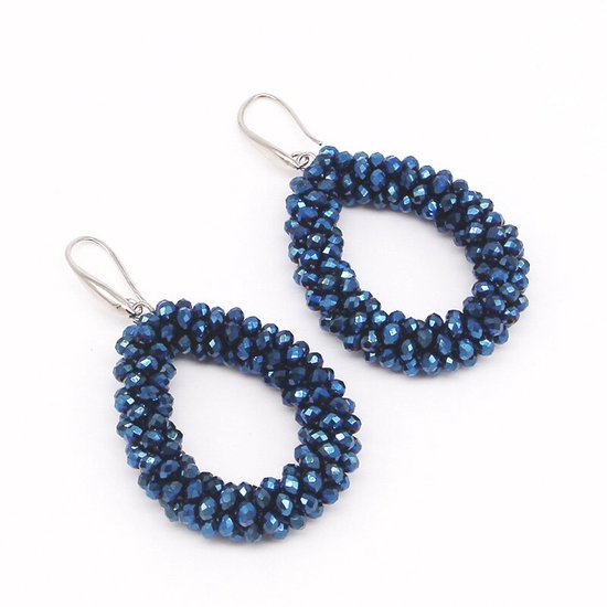 Tibri 510 - Blauwe oorbellen - Dames oorbellen - Druppel oorbellen - Grote oorbellen - Lange oorbellen - Kralen oorbellen - Metallic Blauw - Tibri