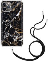 iPhone 11 Pro Hoesje met Koord Zwart Goud Marmer - Designed by Cazy