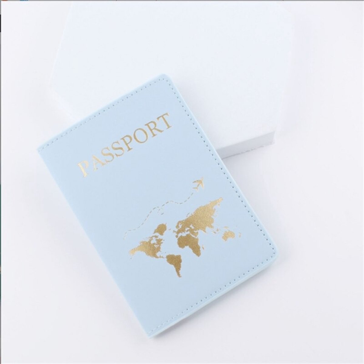 Wereldkaart Premium Lederen Paspoorthoes - Paspoorthouder - Paspoort Protector - Blauw