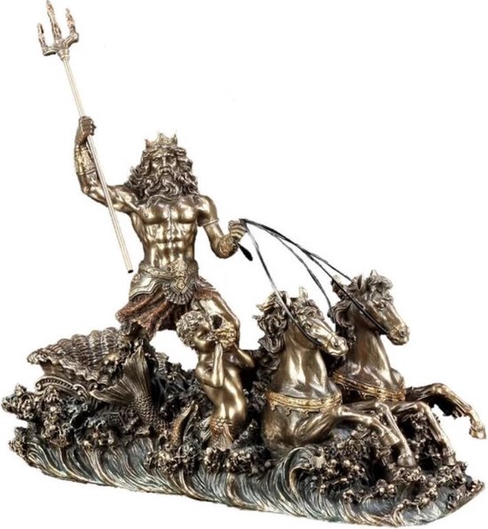 Poseidon met Wagen en Hippocampus beeld - Veronese Design - Griekse Mythologie - (bxhxd) ca. 25,4cm x 18,4cm x 11,4cm