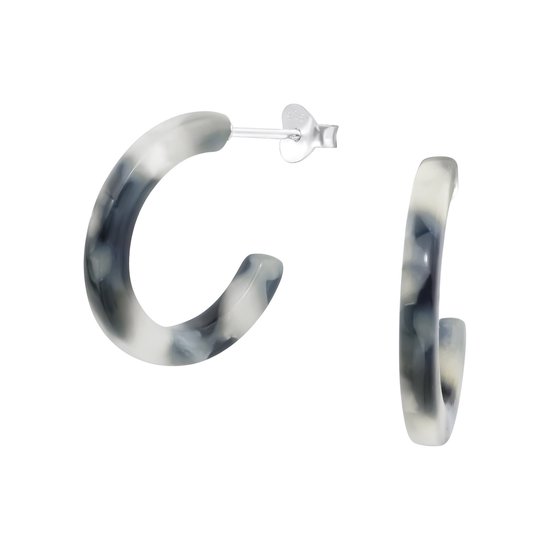 Joy|S - Zilveren halve hoepel oorbellen - 20 mm - zwart wit