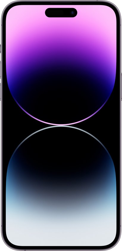 Paars iPhone 14 Pro Max met paars en blauwe achtergrond.
