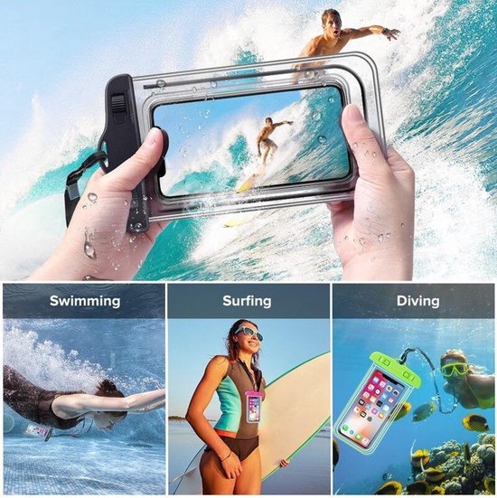 Zwarte waterdichte telefoonhoes die wordt gebruikt tijdens het zwemmen, surfen en duiken met een telefoon erin.
