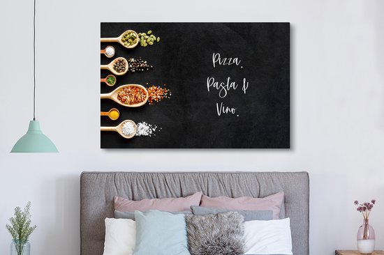 Peinture sur toile Pizza. Pâtes & Vin. - Citations - Nourriture - Épices - Proverbes - 150x100 cm - Décoration murale