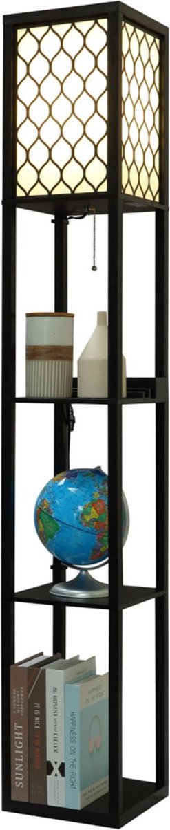 MutuTec - Staande lamp - Lamp met opbergruimte - Houten vloerlamp met 3 planken en USB poort - 26 x 26 x 160 cm