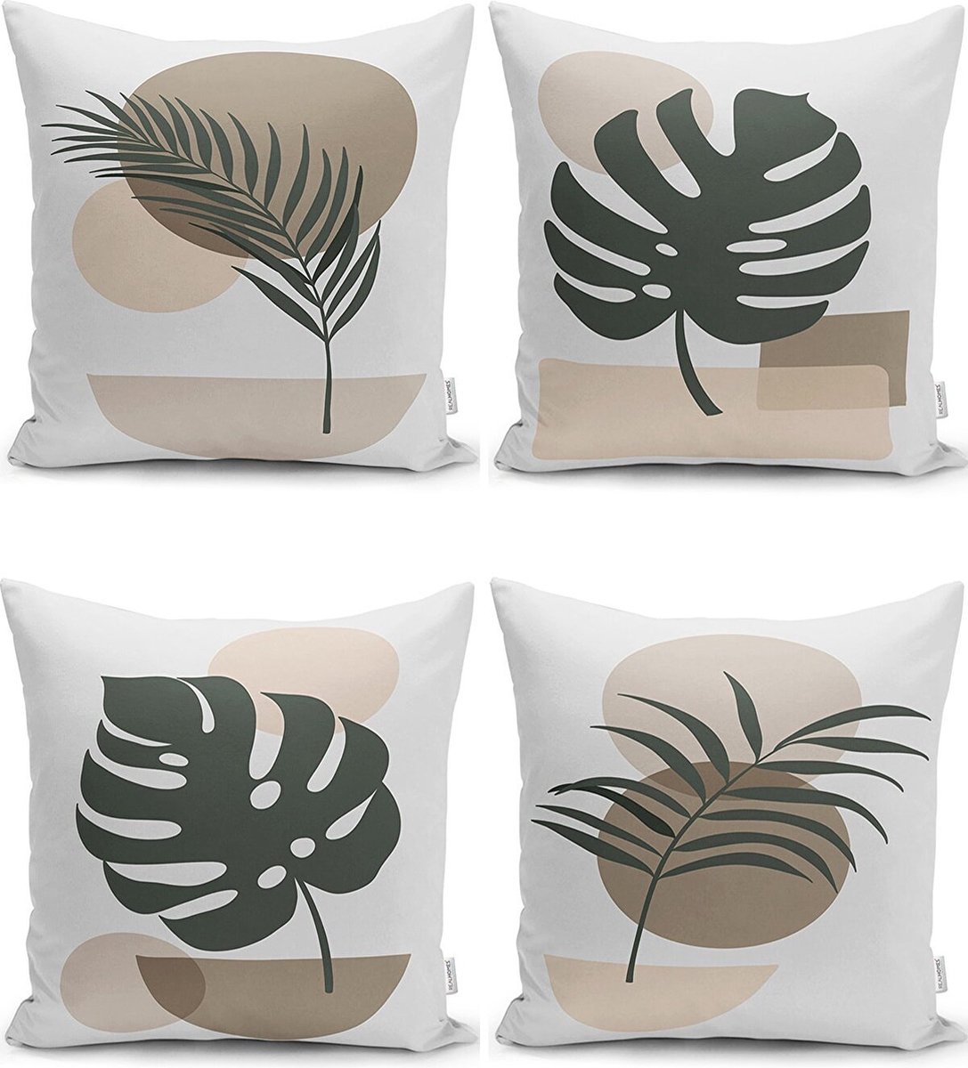 Sierkussens set van 4 stuks - INCLUSIEF BINNENKUSSENS 45x45 cm - abstract - bladen - groen - wit - beige - dubbelzijdig bedrukt - kussensloop - kussens woonkamer - kussenhoes