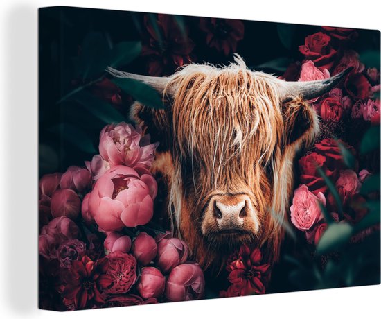 Canvas Schilderij Koe - Schotse hooglander - Bloemen - botanisch - 120x80 cm - Wanddecoratie