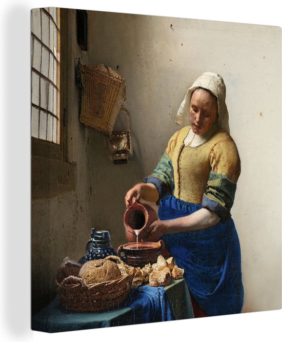 Canvas - Schilderij Het melkmeisje - Kunst - Oude meesters - Vermeer - 90x90 cm - Wanddecoratie - Slaapkamer