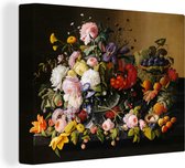 Canvas - Schilderij Stilleven met bloemen en fruit - Kunstwerk - Oude meesters - 80x60 cm - Muurdecoratie - Woonkamer