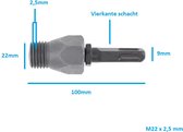 SDS Connector 2-delig Vierkante schacht boorhouder adapter 100x22mm aansluiting diamantboor, kernboor, gatenboor, betonboor, adapter boormachine voor SDS bithouder gatzagen, Diamond Core Bit Adapter M22x2,5mm